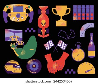 Tire, car, helmet, f1 simulator, wheel, lights out. Speed racing tournament. Championship. Motorsport concept. Vector modern Illustration isolated on background