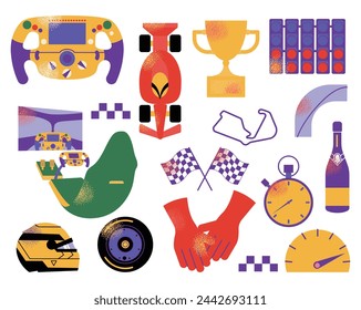 Tire, car, helmet, f1 simulator, wheel, lights out. Speed racing tournament. Championship. Motorsport concept. Vector modern Illustration isolated on background