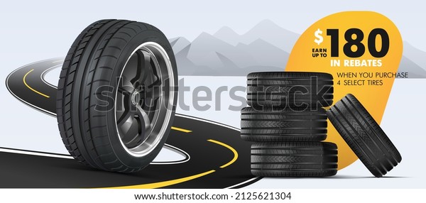 The tire of the car is on the road. Advertising\
banner. A bunch of wheels against the backdrop of stylized\
mountains. Web design. Promotion. Advertising for the sale of\
winter and summer wheels.