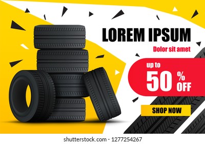 Tire car sale banner. Car wheels and tires sale poster. Vector illustration