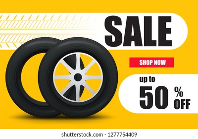 Tire car sale banner. Car wheels and tires sale poster. Vector illustration