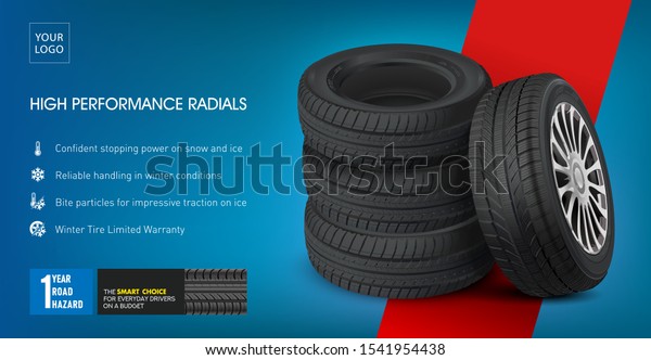 Tire car set poster. 3D\
illustration of car tire. Wheels. Black rubber tire. Realistic\
vector shining disk car wheel tire. Aluminum wheels. Banner.\
Promo.