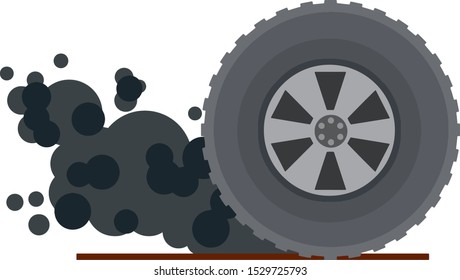 Tire of car. Speed and racing. Cartoon flat illustration. Gray smoke from wheel