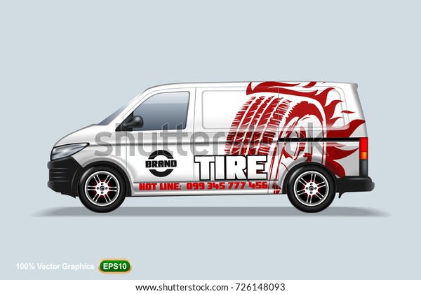 Tire center. Delivery van template. With\
advertise, editable\
layout.