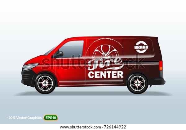 Tire center. Red Delivery van template. With\
advertise, editable\
layout.