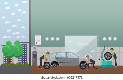 Tire change, auto service concept vector illustration. Workers changing auto wheel tires, flat style design elements.