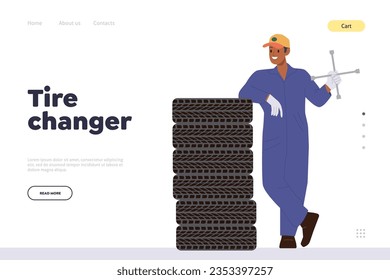 Tire changer professional online service landing page with auto mechanic character cartoon design