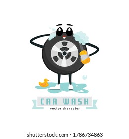 Tire character image. Wheels and tyre fitting service. Transportation, tire repair, computerized balancing concept. Editable vector illustration in flat cartoon style isolated on white background