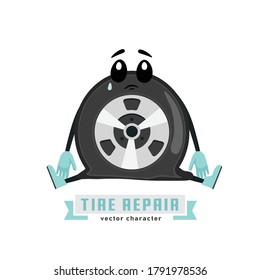 Tire character image. Wheels and tyre fitting service. Transportation, tire repair, computerized balancing concept. Editable vector illustration in flat cartoon style isolated on white background