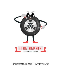 Tire character image. Wheels and tyre fitting service. Transportation, tire repair, computerized balancing concept. Editable vector illustration in flat cartoon style isolated on white background