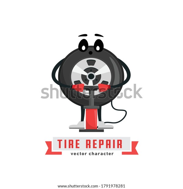 Tire character image. Wheels and tyre fitting
service. Transportation, tire repair, computerized balancing
concept. Editable vector illustration in flat cartoon style
isolated on white
background