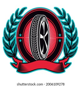 tire design with red ribbon and leafs white background