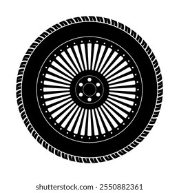 Tire with Detailed Rim Vector Illustration. This is a black and white vector illustration of a tire with a detailed rim design. The outer circle represents the textured tire tread with curved grooves.