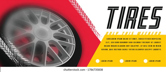 Tire digital banner template. Realistic car disk. Landscape poster, flyer, booklet, brochure, web design. Advertising, promo, sale concept. Editable vector illustration in yellow, red, black colors