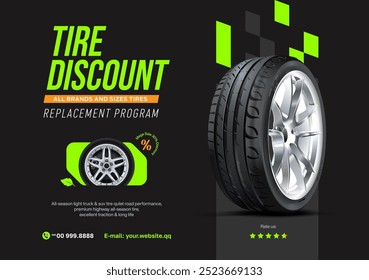 Tire discount. Tire car advertisement poster. Black rubber tire. Realistic vector shining disk car wheel tyre. Information. Store. Action.