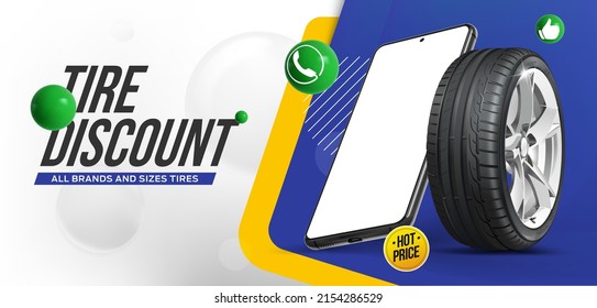 Tire discount. Cell phone along with bus. Rubber tire on cast rim. Advertising horizontal banner. White-blue background. hot price. Internet page. Brochure. Promo action. Call to phone service.