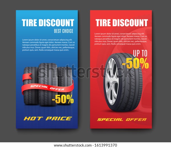 Tire\
discount promotion flyer set - realistic black car tyres wrapped\
with red ribbon in blue and red brochures for auto parts shop with\
text template. Isolated vector\
illustration.