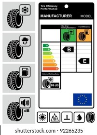 Tire efficiency performance icons and label set.