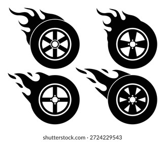 Ilustração do vetor de chamas de pneu e fogo. Projeto do logotipo de rodas de queima. Conceito de condução rápida em fundo branco. Ilustração vetorial.