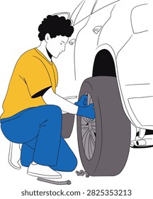 A tire fitter changes a car wheel. Vector illustration.