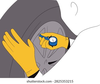 A tire fitter checks the tire pressure. Vector illustration.