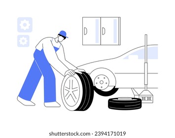 Ilustración vectorial de concepto abstracto de conexión de neumáticos. Trabajador del servicio de reparación automática cambiando la rueda del coche, el proceso de ajuste de neumáticos del vehículo, la fijación del transporte personal y la metáfora abstracta de mantenimiento.