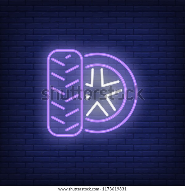 Tire fitting for car neon\
icon. Car wheels with wheel. Vehicle workshop concept. Vector\
illustration can be used for street wall signs, billboards,\
maintenance, garage
