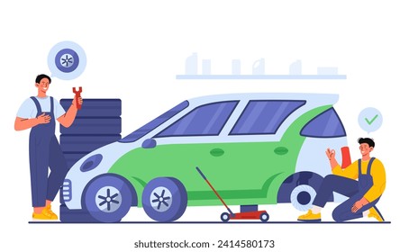 Tire fitting concept. Workers in auto service. Modernization and tunning for automobile. Reparmen fix problems with car. Cartoon flat vector illustration isolated on white background