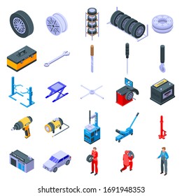 Tire fitting icons set. Isometric set of tire fitting vector icons for web design isolated on white background