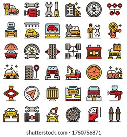 Tire fitting icons set. Outline set of tire fitting vector icons for web design isolated on white background
