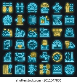 Juego de iconos de ajuste de neumáticos. Conjunto de esquemas de iconos vectoriales de ajuste de neumáticos color de neón en negro