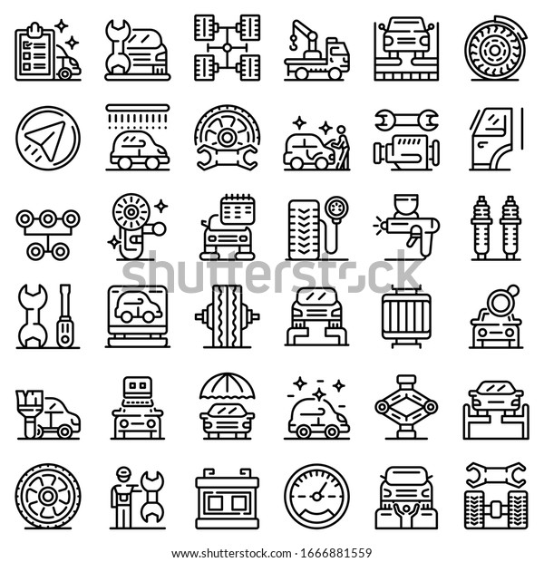 Tire fitting icons\
set. Outline set of tire fitting vector icons for web design\
isolated on white\
background