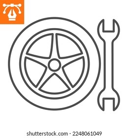 Tire fitting line icon, outline style icon for web site or mobile app, car service and wheel, tire service vector icon, simple vector illustration, vector graphics with editable strokes.