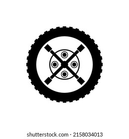 Tire fitting logo with car wheel and cross rim wrench. Isolated vector illustration on white background.