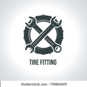 Tire fitting logo concept. Black tire logo icon. Icon for service auto with tire drawing, wrench, wheel, badges for tire service or car repair. Vector illustration for emblems, labels, logo, logotype.