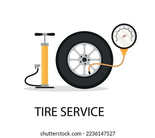 Tire fitting. Pump, car wheel and tire pressure gauge in flat design. Vector stock illustration. Eps 10