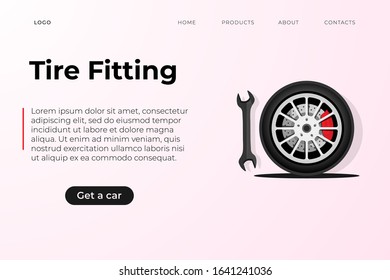 Tire fitting service design template with realistic wheel illusrtation and wranch.