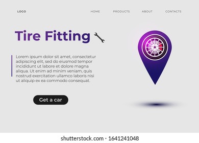 Tire fitting service design template with realistic wheel illustration and wrench. 