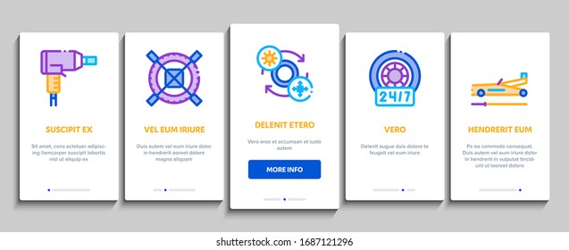 Tire Fitting Service Onboarding Mobile App Page Screen Vector. Tire Fitting Station Equipment Pump And Jack, Diagnostic Device And Wheel Repair Tool Color Contour Illustrations