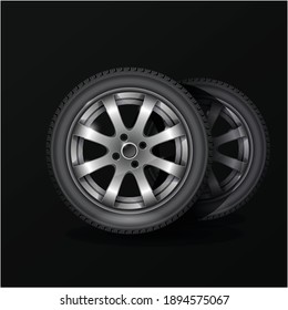 Tire Fitting Service Poster, Car Wheel Tyre With Alloy Wheel Rim On Black Background, Vector