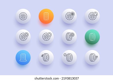 Tire fitting set icon. Wheel, summer, winter, waterproof, slip protection, pressure, explosion, star, gear, fix, repair. Car service concept. Neomorphism. Vector line icon for Business and Advertising