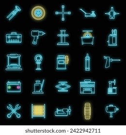 Tire fitting tool icons set. Outline set of tire fitting tool vector icons neon color on black