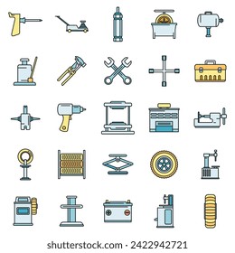 Tire fitting tool icons set. Outline set of tire fitting tool vector icons thin line color flat on white