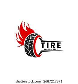 Diseño del logo de Tire Flame. Neumáticos de la velocidad caliente, logotipos del taller, automotriz, muestras del coche.