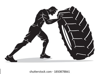 Tire Flip Gym Exercise, Male Silhouette	
