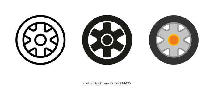 Tire icon. Car wheel vector illustration. Automobile rim symbol. Tyre repair service sign. Round wheel disk pictogram. Car tire maintenance isolated outline, line, black and colored concept.