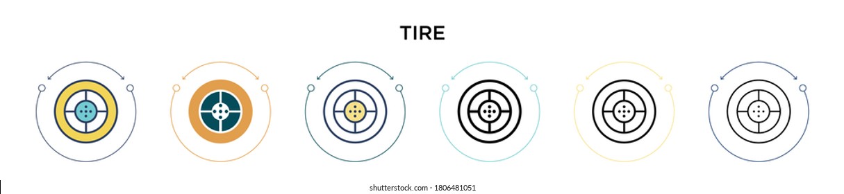Tire icon in filled, thin line, outline and stroke style. Vector illustration of two colored and black tire vector icons designs can be used for mobile, ui, web