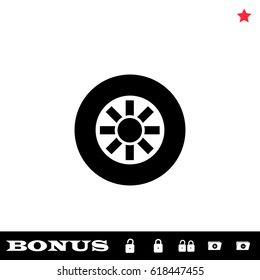 Tire icon flat. Black pictogram on white background. Vector illustration symbol and bonus button open and closed lock, folder, star