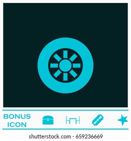 Tire icon flat. Blue pictogram on dark background. Vector illustration symbol and bonus icons