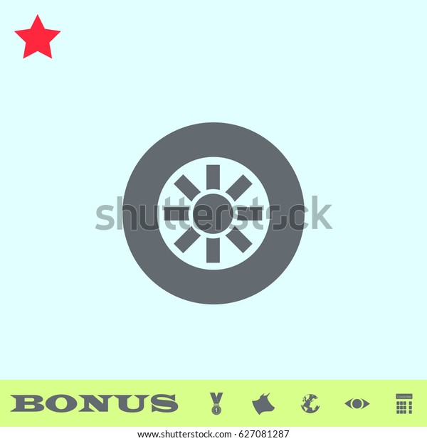 Tire icon flat. Grey pictogram on blue\
background. Vector illustration symbol and bonus buttons medal,\
cow, earth, eye,\
calculator